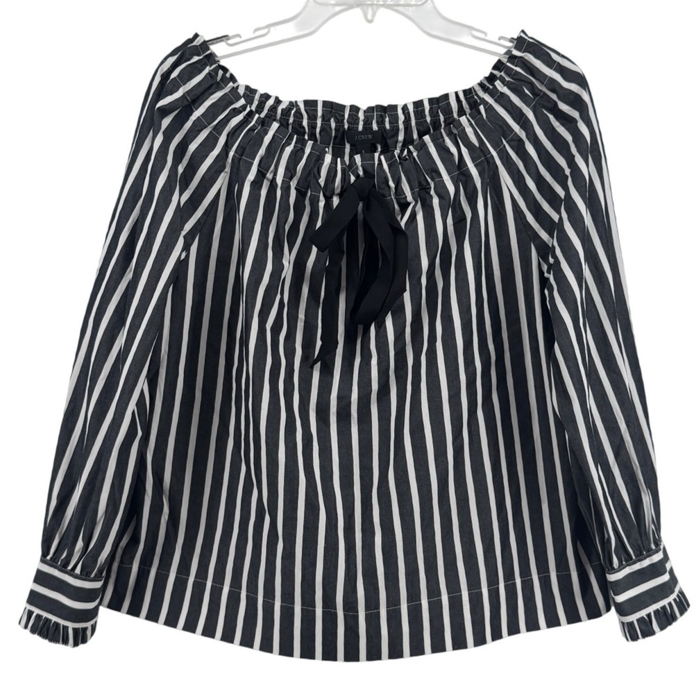 J.Crew‎ Blouse Womens S Off-the-Shoulder Navy White Striped Bow Ruffle Cuff